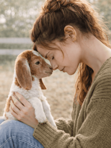 Woman gently touching foreheads with a baby goat